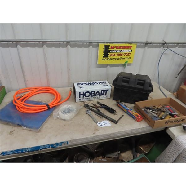 Battery Box, Welding Rods, Tarp, Air Hose, & Various Tools