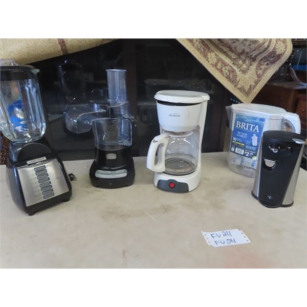 (FU) B&D Blender, Wolfgang Puck Food Processor, Sunbeam Coffee Maker, New Brita Water  & Elec Can Op