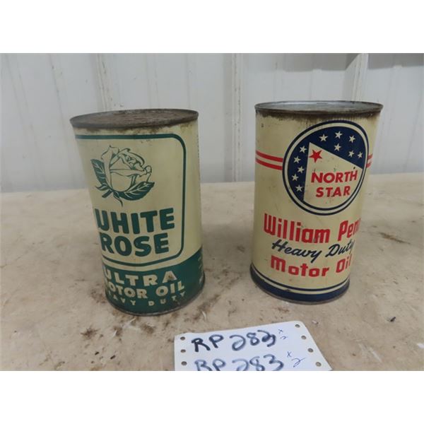 2 Oil Cans 1 North Start William Penn Motor Oil w Product Never Opened & White Rose Motor Oil w Prod