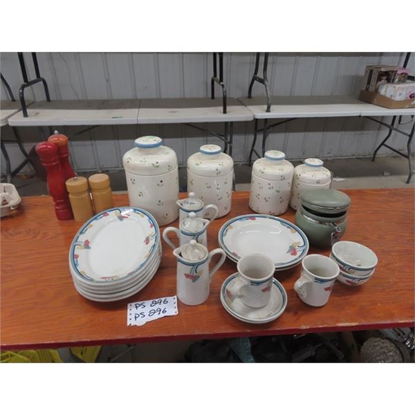 (PS) Ceramic Cannisters, Plates, Bowls, Cups & Wooden S & P Shaker