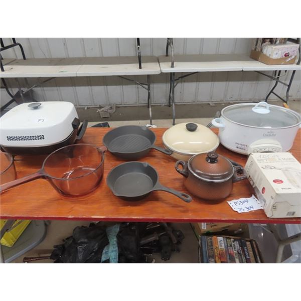 (PS) Vintage Kitechenware, Vision Pots, 2 Cast Iron Frying Pans, Enamel Pots & Frying Pan, Skillet, 