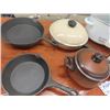 Image 2 : (PS) Vintage Kitechenware, Vision Pots, 2 Cast Iron Frying Pans, Enamel Pots & Frying Pan, Skillet, 