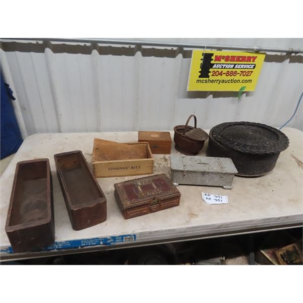 Tramp Art, Trinket & Savings Box, Wicker Basket Sewing Drawers