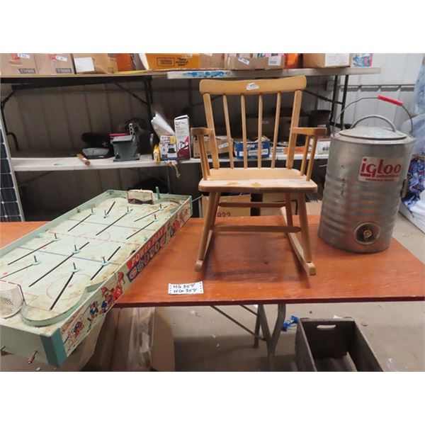 Old Metal Hockey Game, Childs Rocking Chair & Igloo Water Cooler