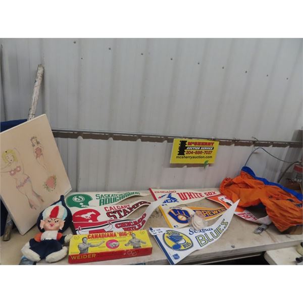 Gas Genie Doll, Sports Pennants, Mail Bag, Vintage Exercise Equip, & Art