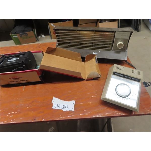 Box of Electrical Cables, Antennae, Rotator, Power Pack ,Air King Heater
