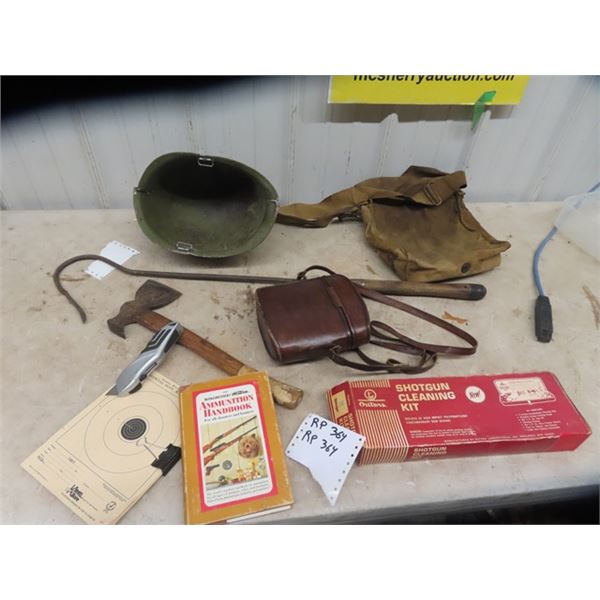 Damaged Army Helemt, Gun Cleaning Kit, Canvas Bag, Leather Binocular Case, Plus More!