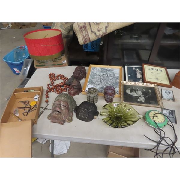Old Photos, GE Retro Clock, Tibal Masks, Blown Glass Dish, Religious Necklace, & More!