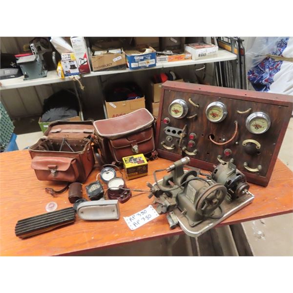Old Tester , Spark Plugs, Condeser, Coil Ignition, Gauges, Grinding/Sharpener Device??