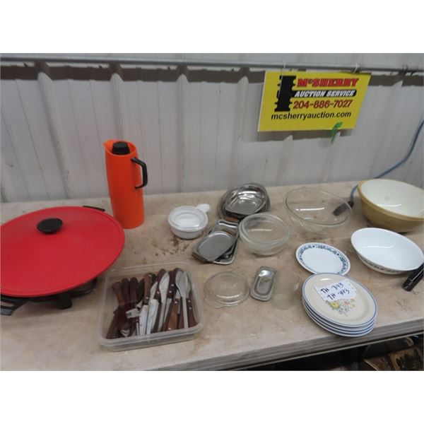 Elec Wok, Flatware, Pyrex, & Some Dishes