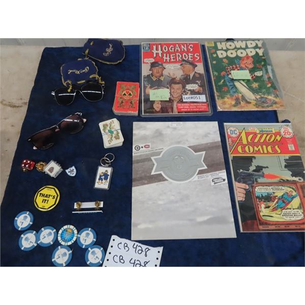 Hogan Heros Comic, Howdy Doody Comic, Action Comic, Various Pins, Poker Chips, Cards, Play Now Glass