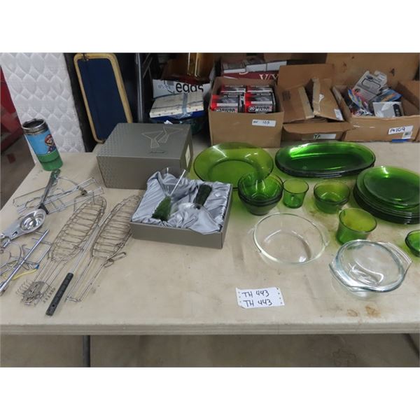 Approx 23 Pcs of Glassware, Martini Glasses, Fish Grillers, & Rotissiere Parts