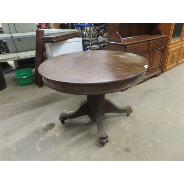(BD)  Oak Pedestal Table 44"RD w 4 Extra Leaves Each 8..5" , Table Split Pedestal w Claw Feet