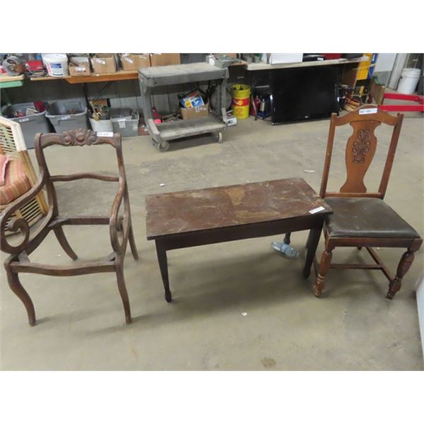 (BD) Piano Bench -Lots of SCratches- Need to be Painted, & 2 Wooden Chairs