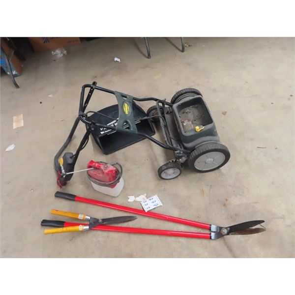 Yardworks Battery Mower (NO BATTERY) Clippers, Hedger, & Sprayer