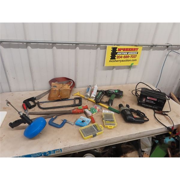 (BD) Plumbing Snake, Battery Charger, Air Nailer Drill, Carpenters Belt Plus More