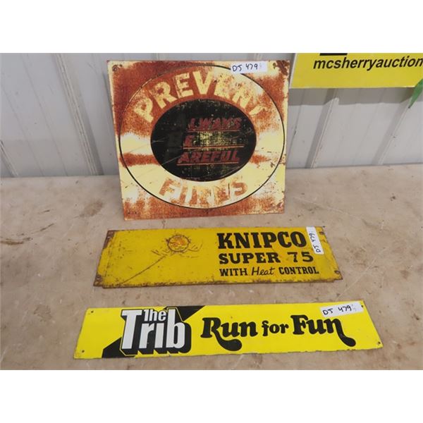 3 Metal Signs - Wpg Tribune 4"x 23", Knipo 6.5" x 22" & Imperial Tobacco - Prevent Forest Fires 17" 