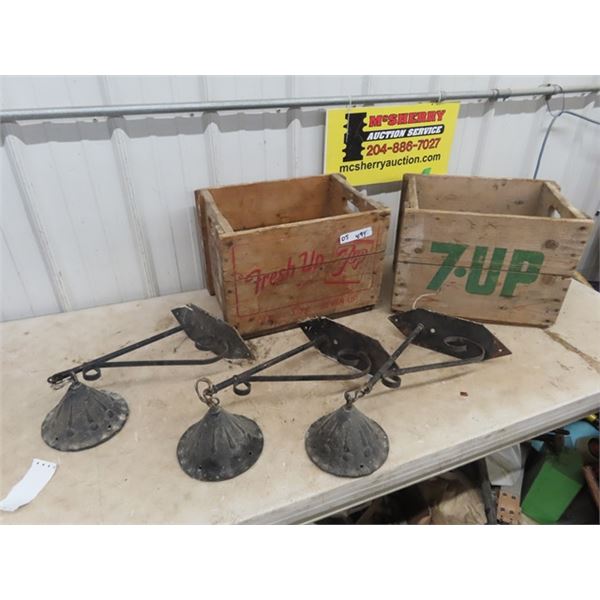 3 Metal Wall Mount Light Fixtures & 2 Wood 7 Up Cases