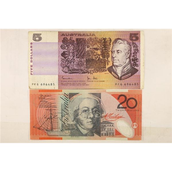 2 PIECES OF AUSTRALIA CURRENCY $5 AND A $20