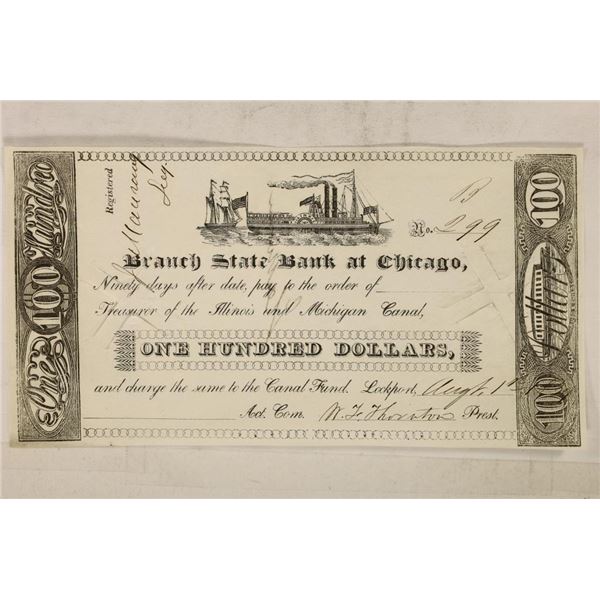 BRANCH STATE BANK AT CHICAGO $100 OBSOLETE BANK