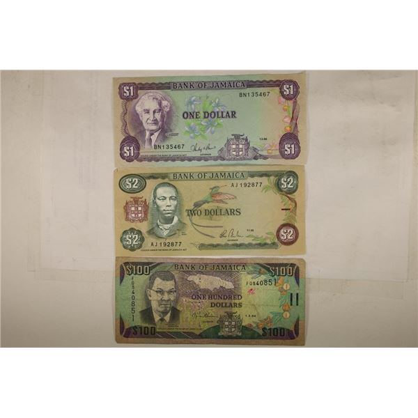 3 PIECES OF JAMAICA CURRENCY, $1, $2 & $100