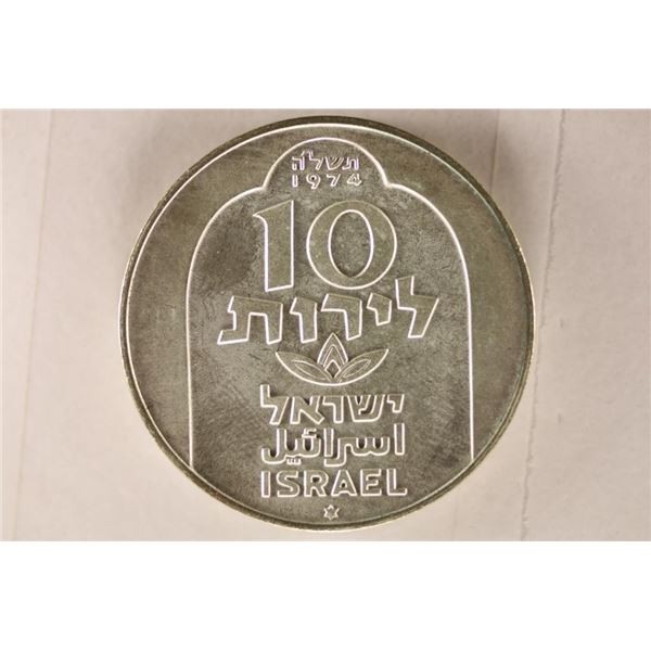 1974 ISRAEL SILVER 10 LIROT UNC "HANUKKA"