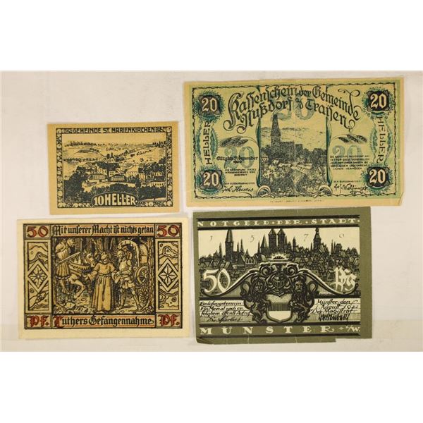 4 PIECES OF GERMAN NOTGELD 10 HELLER, 20 HELLER