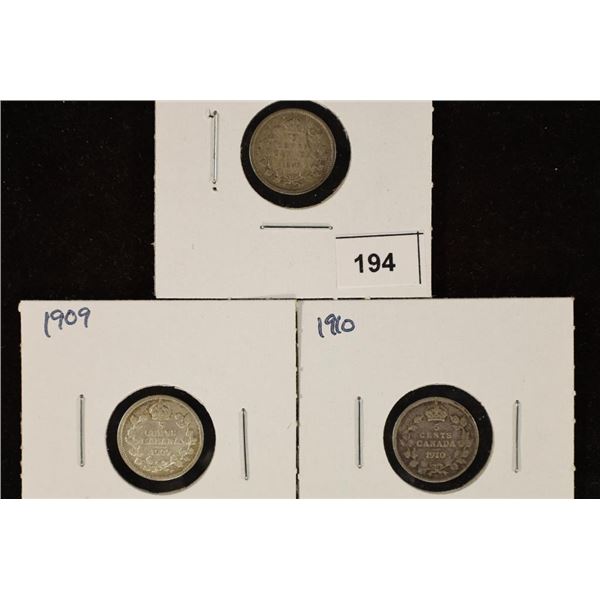 1907, 1909 & 1910 CANADA SILVER 5 CENTS