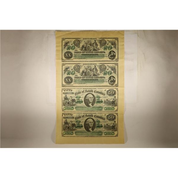 UNCUT SHEET OF 4-1872 BILLS, STATE OF SOUTH