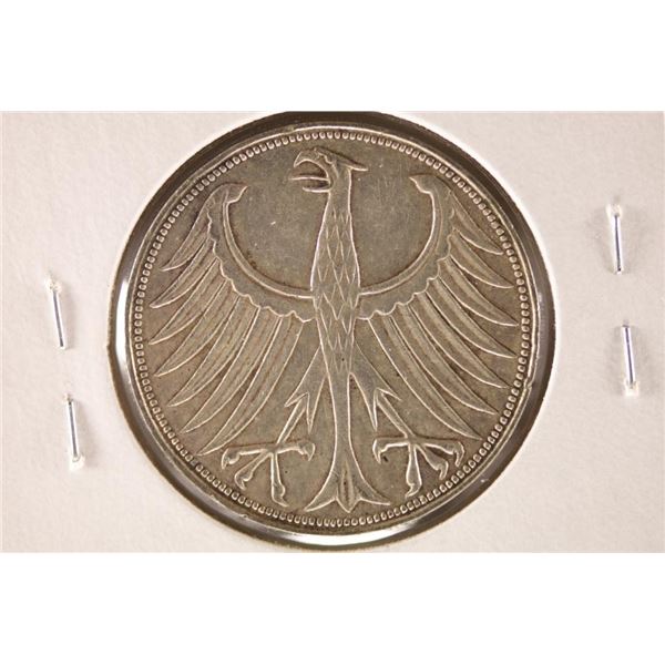 1959-G GERMANY SILVER 5 MARKS WITH TONING MARK