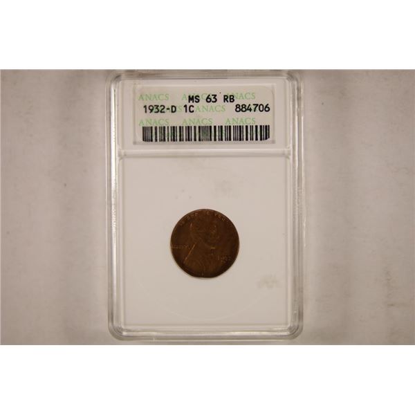 1932-D LINCOLN CENT ANACS MS63RB