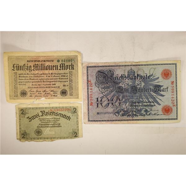 3 PIECES OF VINTAGE GERMAN CURRENCY 2 MARK,