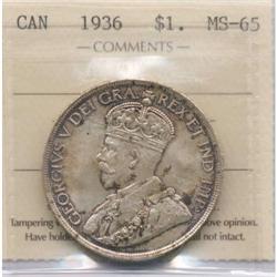 1936 Canadian One Dollar ICCS MS-65
