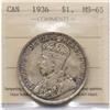 Image 1 : 1936 Canadian One Dollar ICCS MS-65