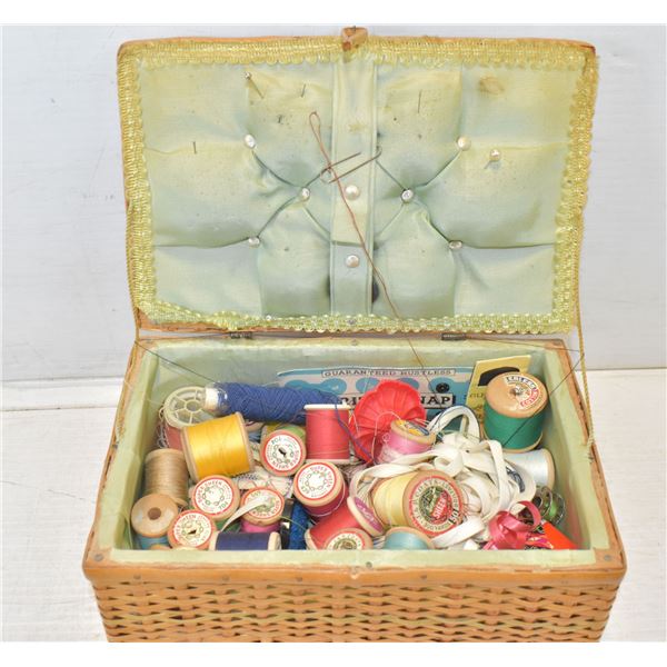 VINTAGE WICKER-WOOD SEWING BOX WITH CONTENTS