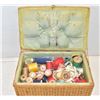 Image 1 : VINTAGE WICKER-WOOD SEWING BOX WITH CONTENTS
