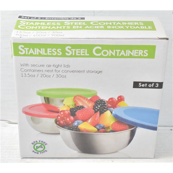 SET OF 3 STAINLESS STEEL STORAGE CONTAINERS WITH