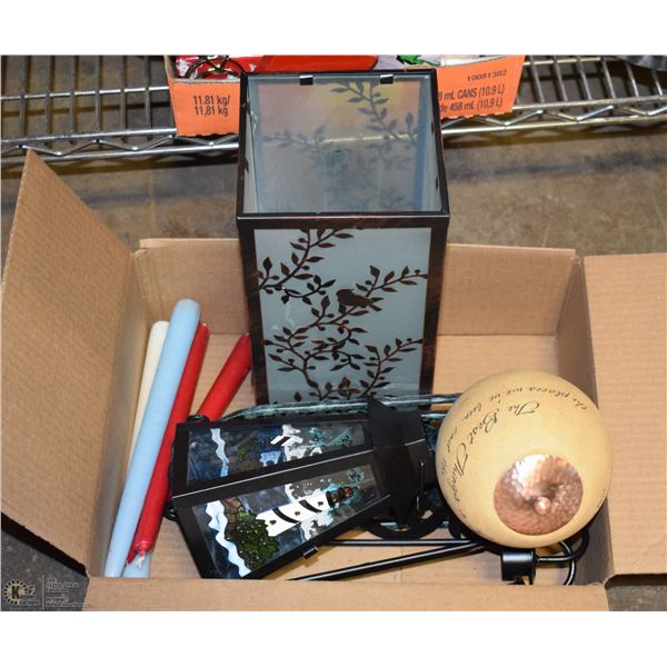 CANDLE LOT + METAL WALL HANGINGS.