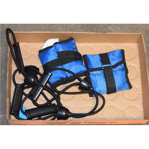 BOX WITH 2 X 2LB WEIGHTS AND RESISTANCE BANDS.