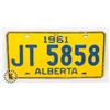Image 1 : #681 ALBERTA 1961 LICENCE PLATE JT 5858