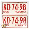 Image 1 : #682 PAIR ALBERTA 1965 LICENCE PLATES KD-74-98