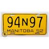 Image 1 : #685 MANITOBA 1952 LICENCE PLATE 94N97