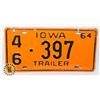 Image 1 : #714 U.S.A. IOWA TRAILER 1964 LICENCE PLATE 46-397