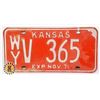 Image 1 : #722 U.S.A. KANSAS LICENCE PLATE 1971 WY V 365