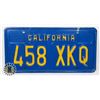 Image 1 : #728 U.S.A. CALIFORNIA LICENCE PLATE 458 XKQ