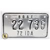 Image 1 : #739  U.S.A. IDAHO 1972 BOAT LICENCE PLATE 22 736