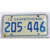 Image 1 : #162 SASKATCHEWAN 1972 LICENCE PLATE 205-446