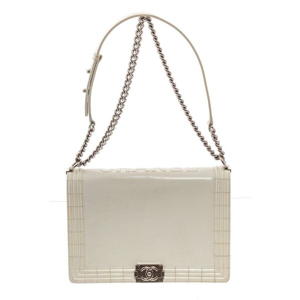 Chanel White Patent Leather Large Boy Bag