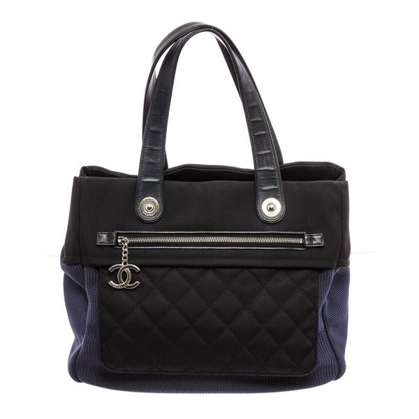 Chanel Black Blue Nylon Rue Cambon Large Shopping Tote Bag