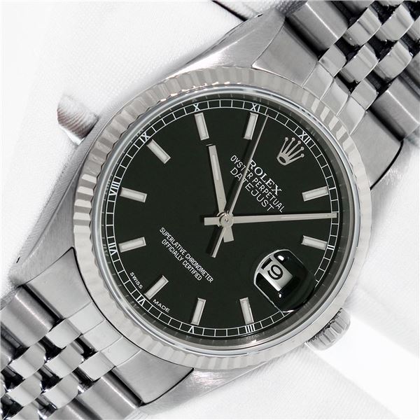 Rolex Mens Stainless Steel Datejust With Factory Black Index Dial With Rolex Box